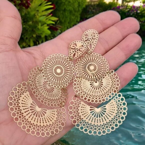 MOROCCAN BOHO Gold Filigree Discs Long Statement Earrings Festival Morocco - Picture 9 of 9